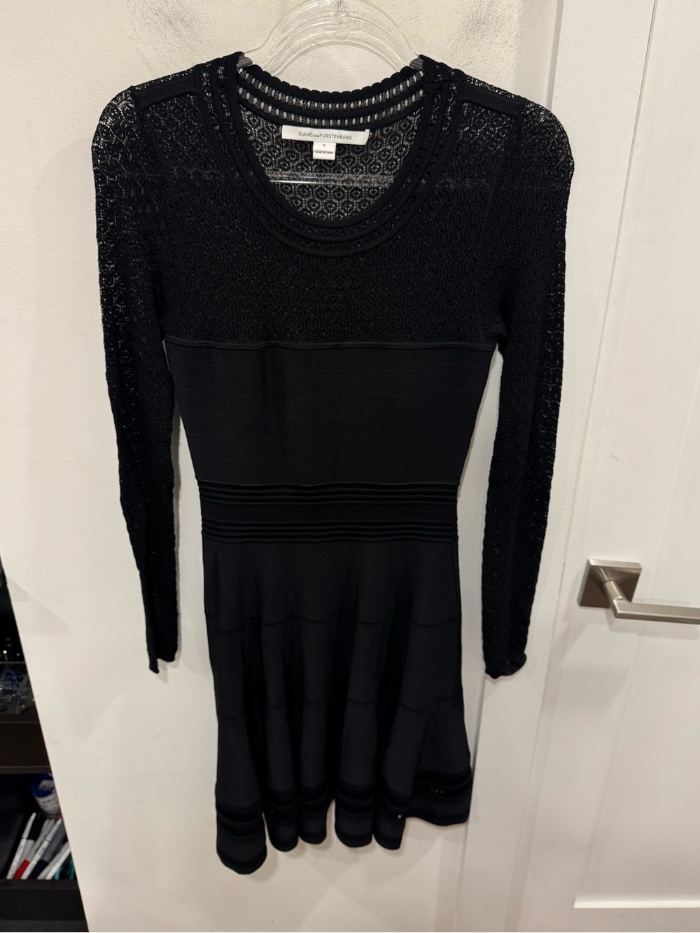 Diane Von Furstenberg Black Long-Sleeve Textured Fit-and-Flare Dress